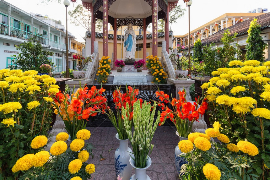 在越南西贡的堂为圣母玛利亚提供黄色菊花图片