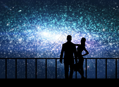 情侣站在宇宙桥上的剪影图片
