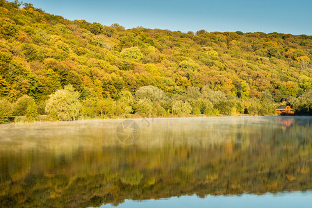 美丽的秋天森林和山湖水面的雾是典图片
