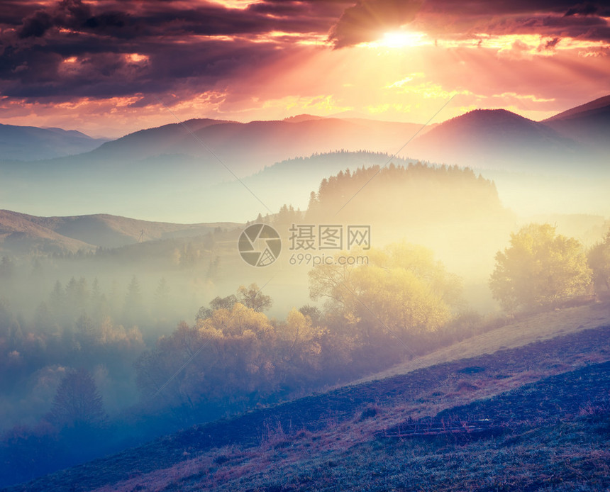 晨空下阳光明媚的山丘戏剧风景喀尔巴阡图片