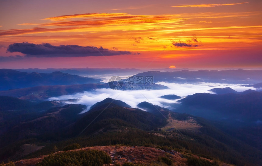 美丽的雾山在暮色中被阳光照亮戏剧场景五颜六色的天空喀尔巴阡图片