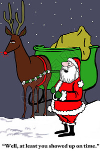 圣诞卡通画显示九只驯鹿中只有一头及时出背景图片