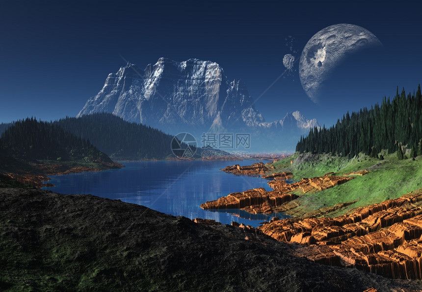 用3D应用程序渲染的奇幻外星风景图片