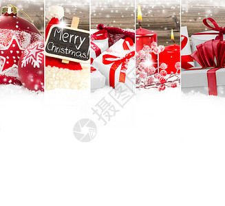 红色圣诞节配礼物和圣诞球的照片白文本图片