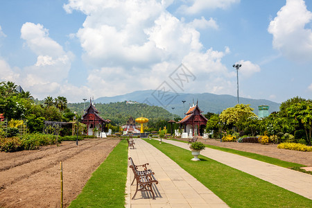 在清迈的泰国北部有个美丽的公园有庙宇和人行图片