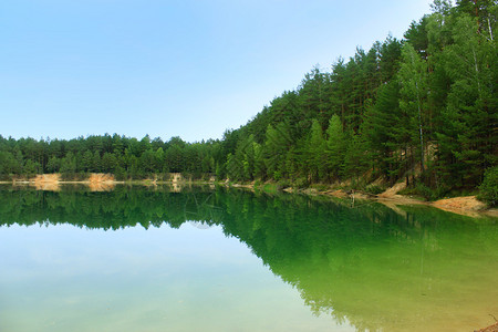 美丽的夏日风景与森林中风景如画的湖泊图片
