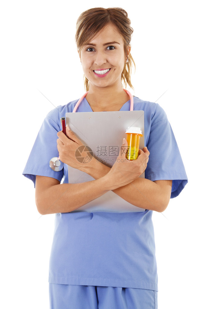 一名女保健工作者在白色背景下被孤图片
