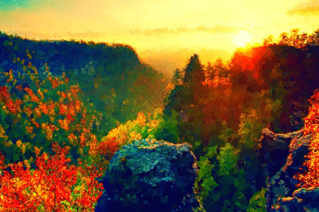 水彩漆油漆效果秋天的日落景观望着波希米亚瑞士山谷下图片