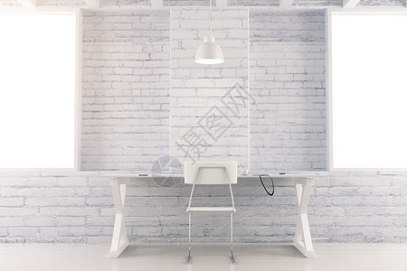 带桌子椅子和砖墙的白色阁楼内部房间图片
