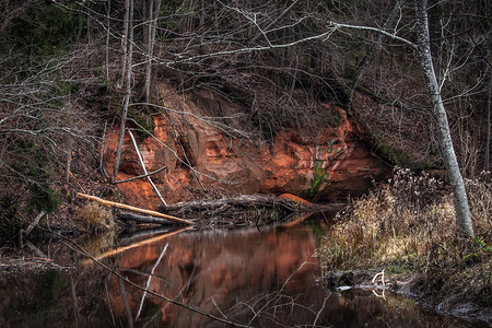 拉脱维亚河边的砂岩悬崖图片