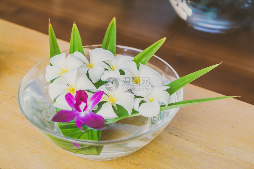水碗中美丽的花朵Spa概念Vinta图片