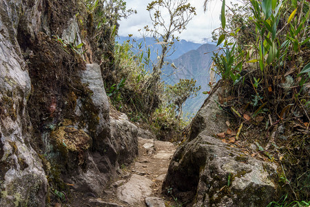 秘鲁乌班巴省库斯科地区马丘比楚区MachuPicchu通过悬崖观背景图片
