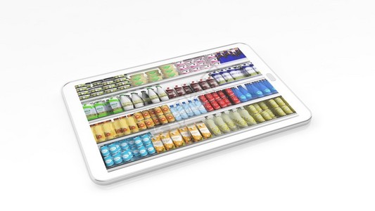 超市冰箱货架产品在平板屏幕上以图片