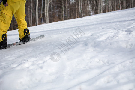 山上冬季风景在雪板上滑雪者背景中焦点图片
