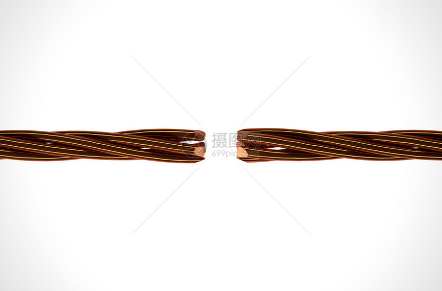两条电缆由扭曲的铜丝线组成图片