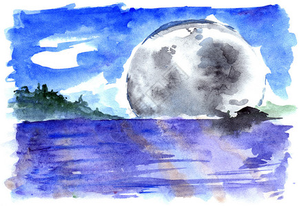 水色蓝月亮夜晚图片