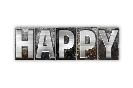 快乐这个词是用古代金属纸质印刷类型写的孤立背景图片