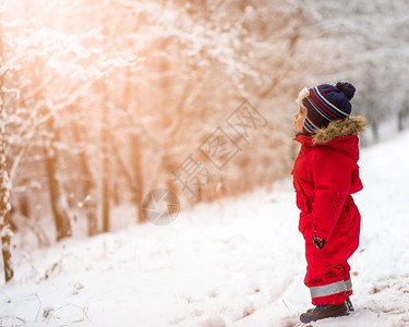 小男孩在白雪皑的冬季景观中户外玩耍图片