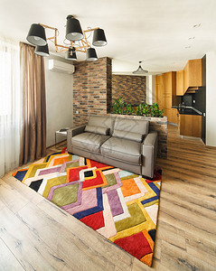 室内单间公寓带厨房和真皮沙发背景图片