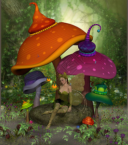 仙女黛娜放松在一块岩石上周围充满了多姿彩的幻想蘑菇和花朵在图片