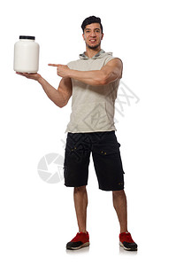 有蛋白质罐子的肌肉人在白色图片