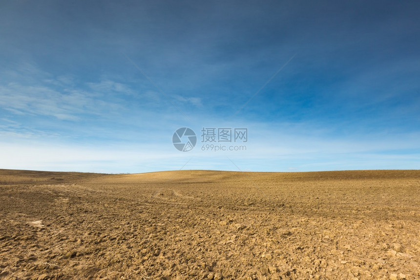 青春初的田地景观在蓝天空下阳光明媚的春天图片