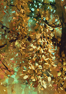 秋天森林树枝上鲜艳的黄色花朵插画图片