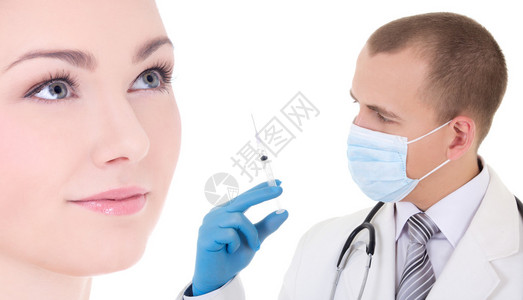 肉毒杆菌注射医生或美容师戴面罩和蓝色手套图片