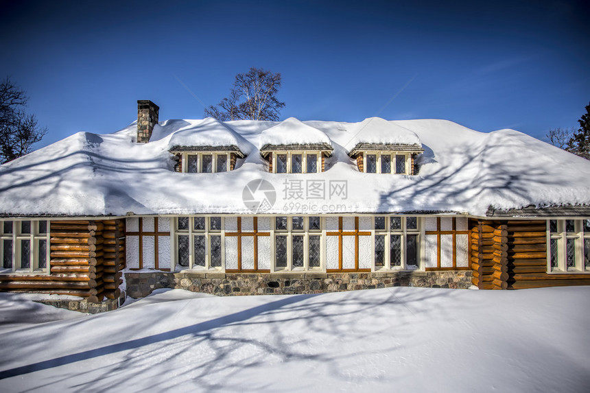 冬天树间积雪的小木屋图片