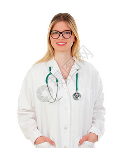穿白外套戴眼镜的金发女医生手握着白色背图片