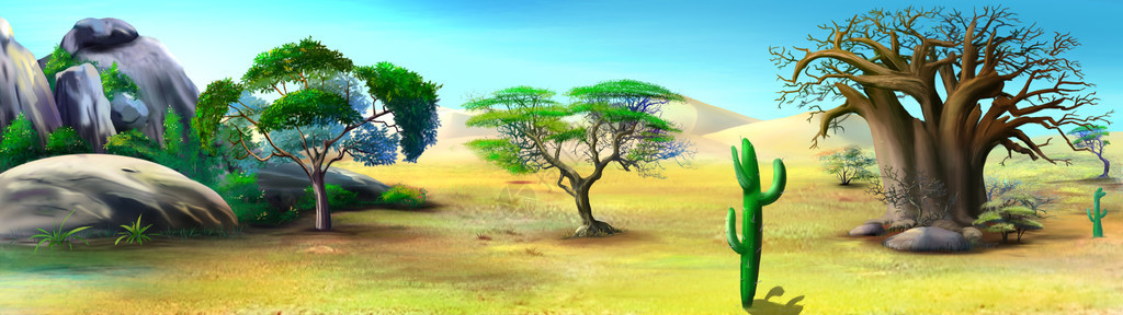 夏日非洲草原的数码画背景上是大烤肉和石图片
