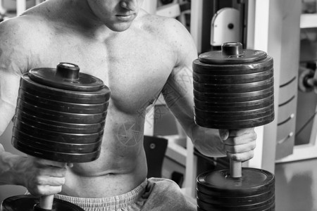 强壮的男人健身房的肌肉训练在图片