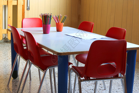 幼儿园教室配有红色椅子桌椅和图片