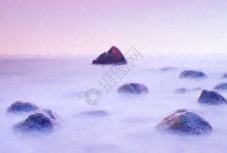 水彩油漆油漆效果海边岩石的粉色日落平滑水面和梦幻效应的图片