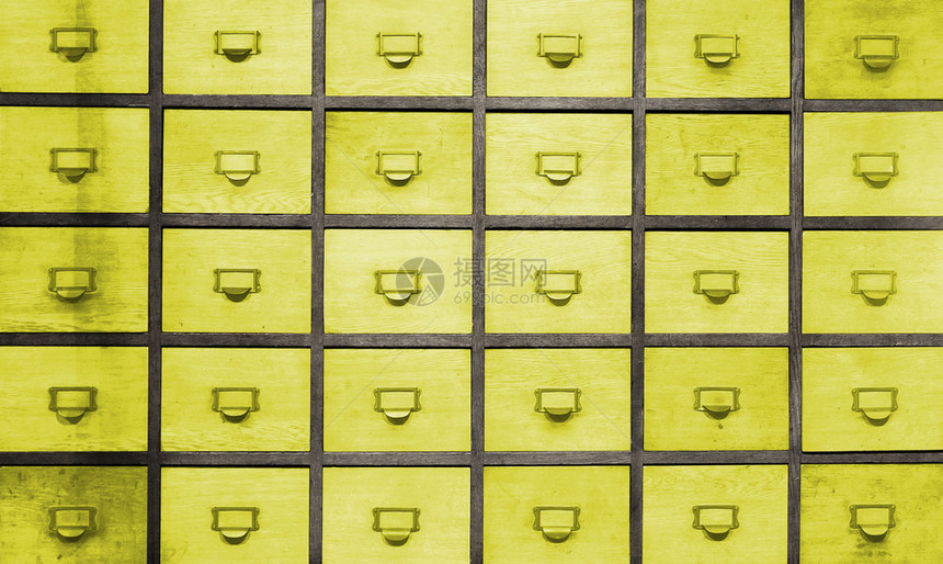 药剂师带抽屉的木箱30个抽屉黄色图片