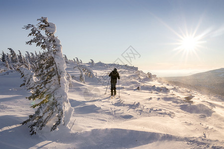 乌拉尔日出时在冬季山区徒步旅行图片