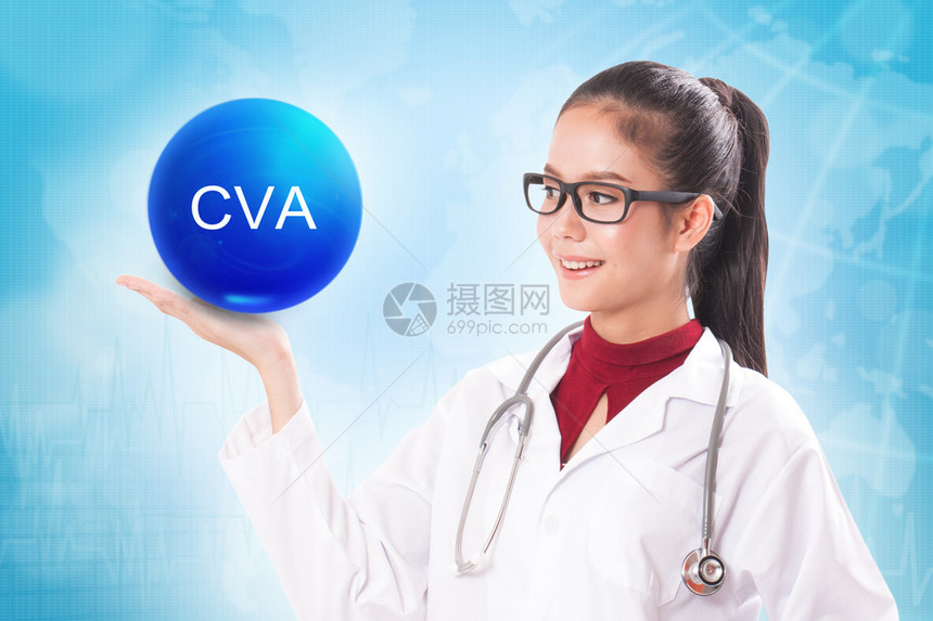 持有蓝色晶球的女医生在医学背景上印图片