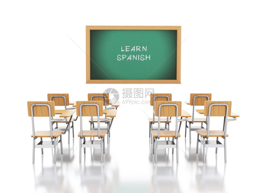 3d渲染器图像学校椅子和黑板与学习西班牙语教育理念孤图片