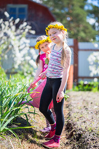 两个小女孩在花园里工作图片
