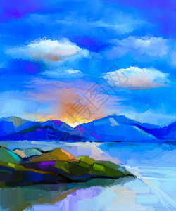 山和海的半抽象图有阳光和云彩蓝天的图片