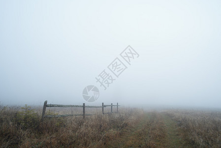 在字段中的木栅栏与雾的秋天风景阴天图片