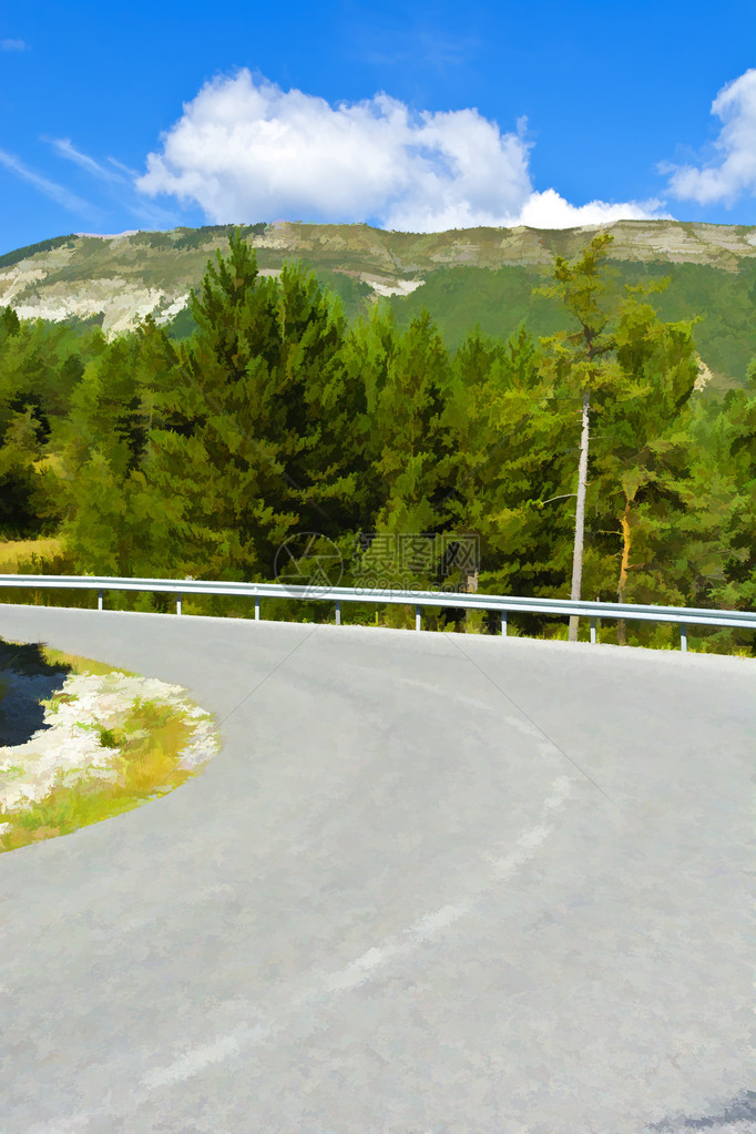 法国阿尔卑斯山蜿蜒的沥青路风格化照片图片