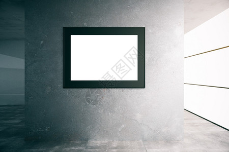 空内地水泥墙上挂着一幅空白的图片框Mockup图片