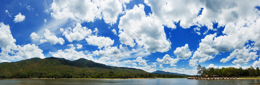 全景湖对山和美丽的天空背景图片