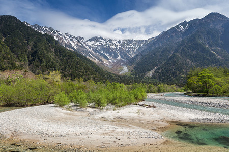 景观与山区河流和树木图片