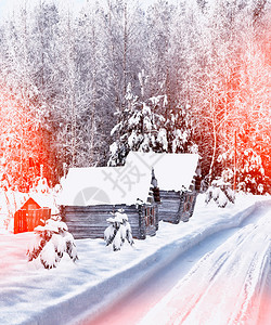 冬季森林中的村庄冬季景观图片
