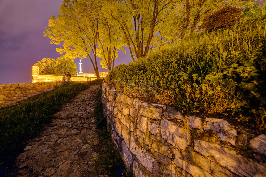 贝尔格莱德中世纪的堡垒墙和夜晚胜利者纪念图片