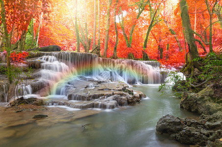 深森林中美丽的瀑布彩虹图片