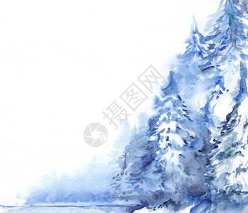 水彩冬季雪松木森林景观图片