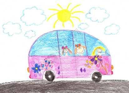 孩子们在公共汽车上愉快地旅图片